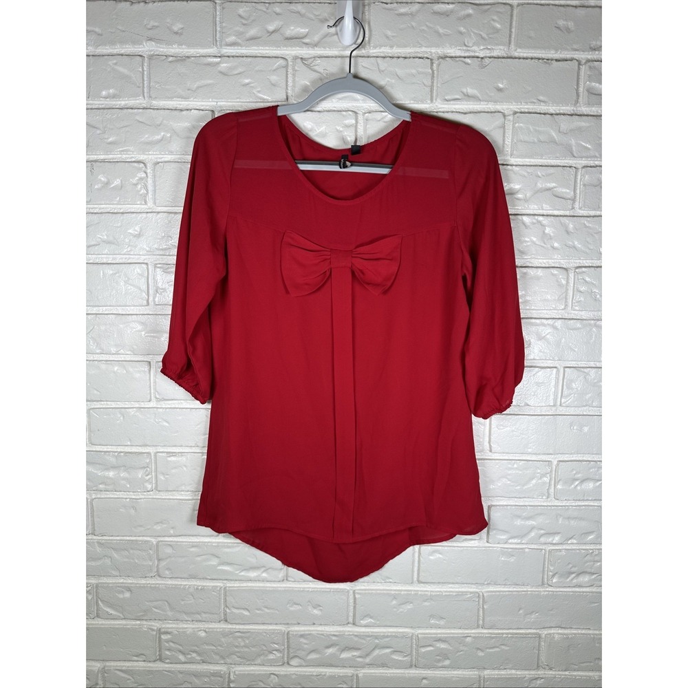 HeartSoul Blouse Medium‎ Red Bow Tie Hi Low 3/4 Sleeve Top Career Casual